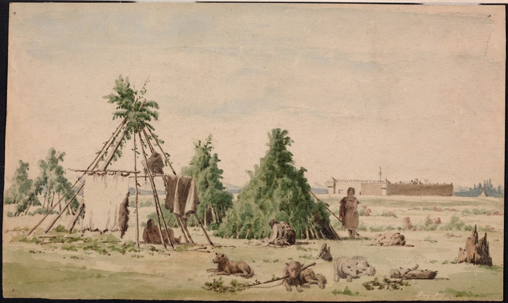 Cree or Assiniboine Lodges in front of Rocky Mountain Fort