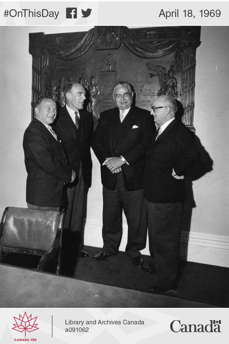 New Brunswick Premier Louis J. Robichaud (first from left) poses with his counterparts Robert Stanfield (Nova Scotia), Walter R. Shaw (Prince Edward Island) and Joey Smallwood (Newfoundland) at the Centennial of the Charlottetown Conference, 1964.