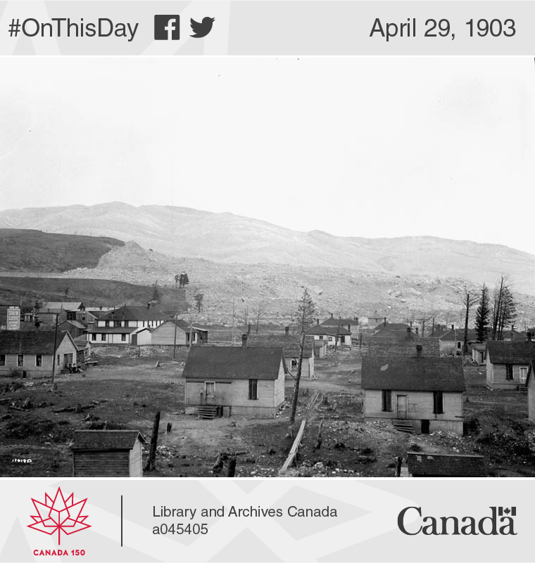 View the day after the landslide that buried part of the town of Frank in 1903.