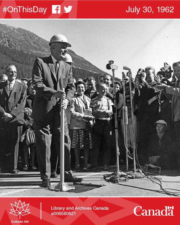 Photo of the Rt. Hon. John G. Diefenbaker at the opening ceremony for the Trans-Canada Highway, Rogers Pass, British Columbia. Library and Archives Canada e006580621