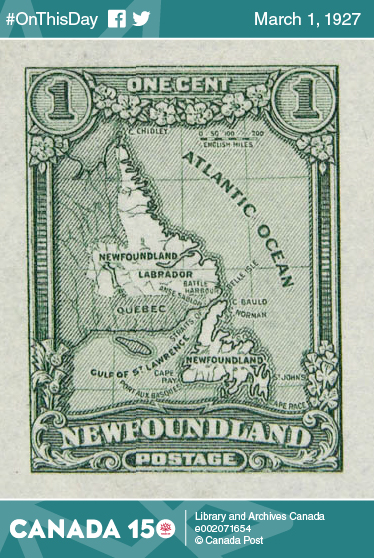 One-cent stamp showing a map of Newfoundland and Labrador, 1928.