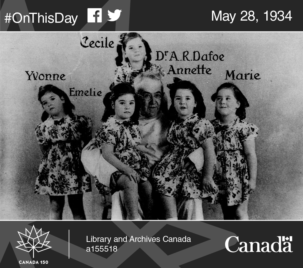 The Dionne Quintuplets, Yvonne, Émilie, Cécile, Annette and Marie, with Dr. Allan Roy Dafoe, who delivered them.