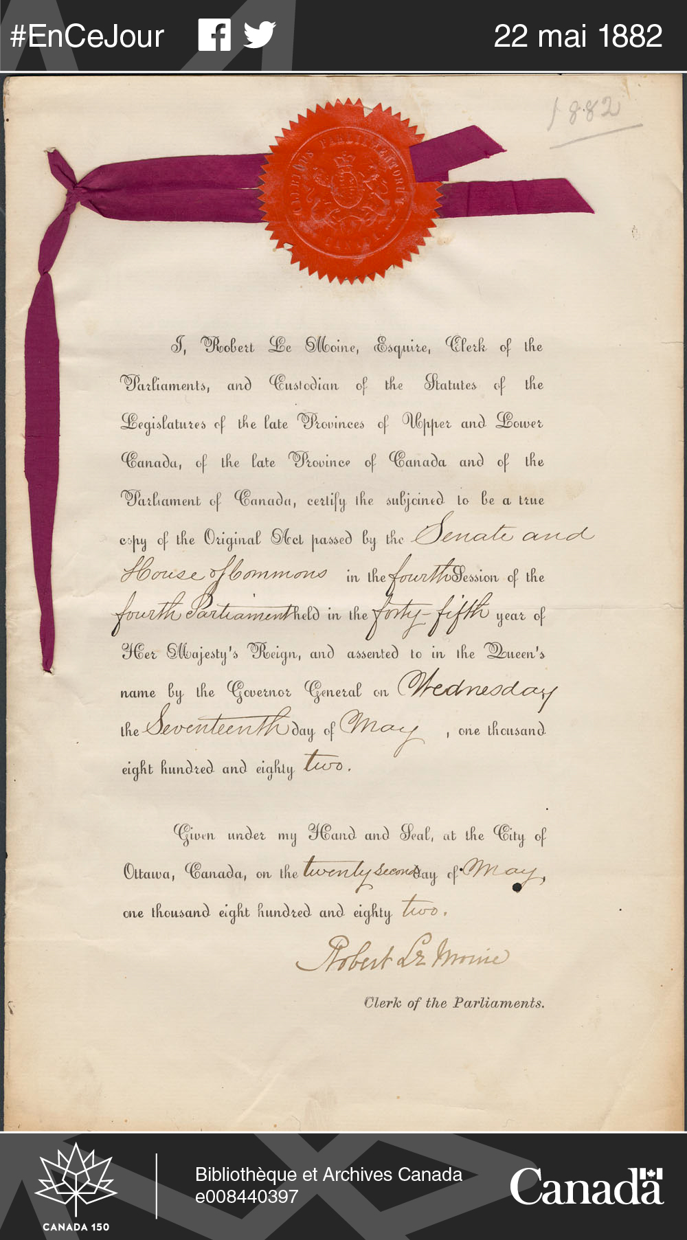 Certificat authentifiant un exemplaire de l’Acte concernant le Service Civil du Canada de 1882. Fonds de la Commission de la fonction publique du Canada.