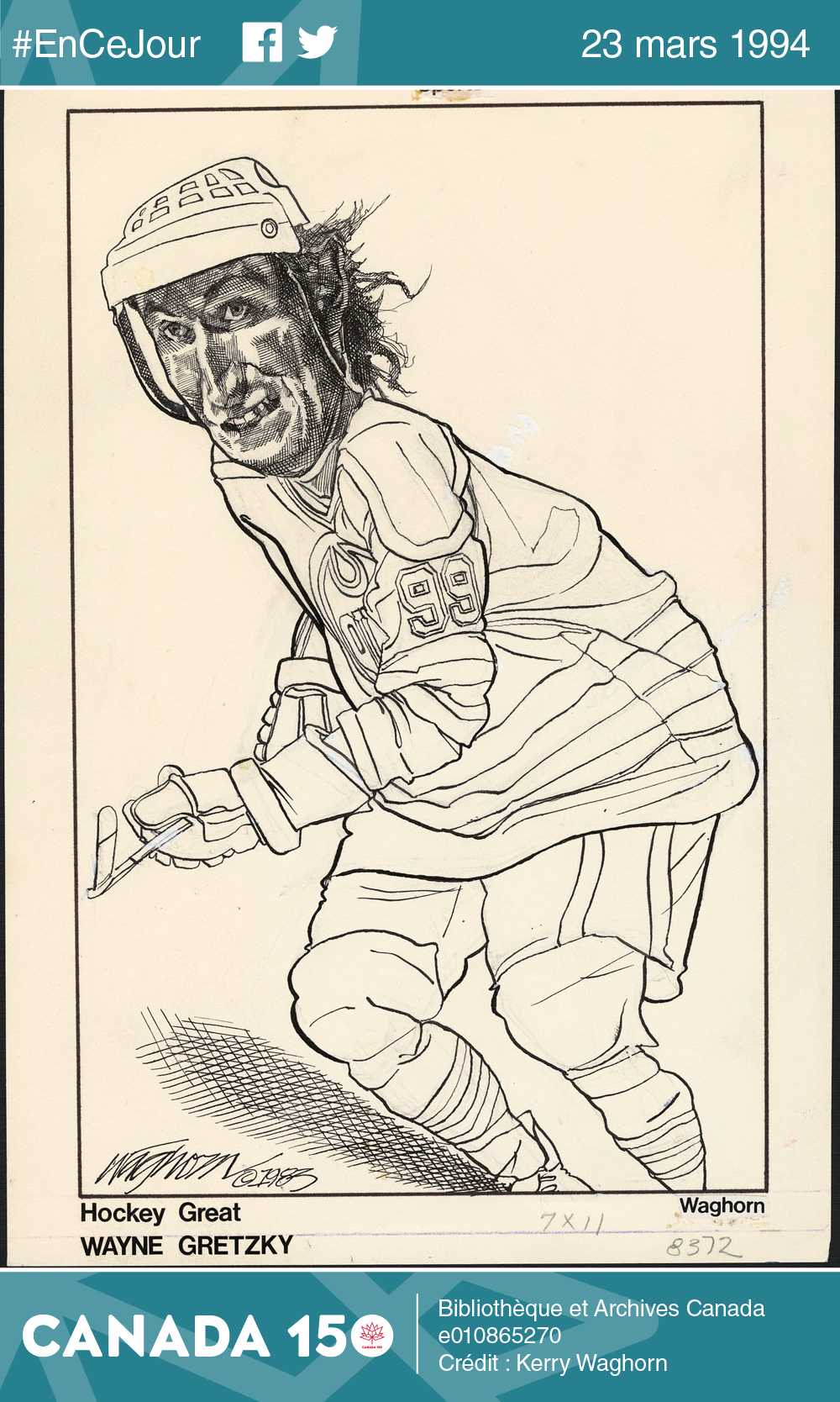 Caricature de Wayne Gretzky jouant au hockey, 1983.