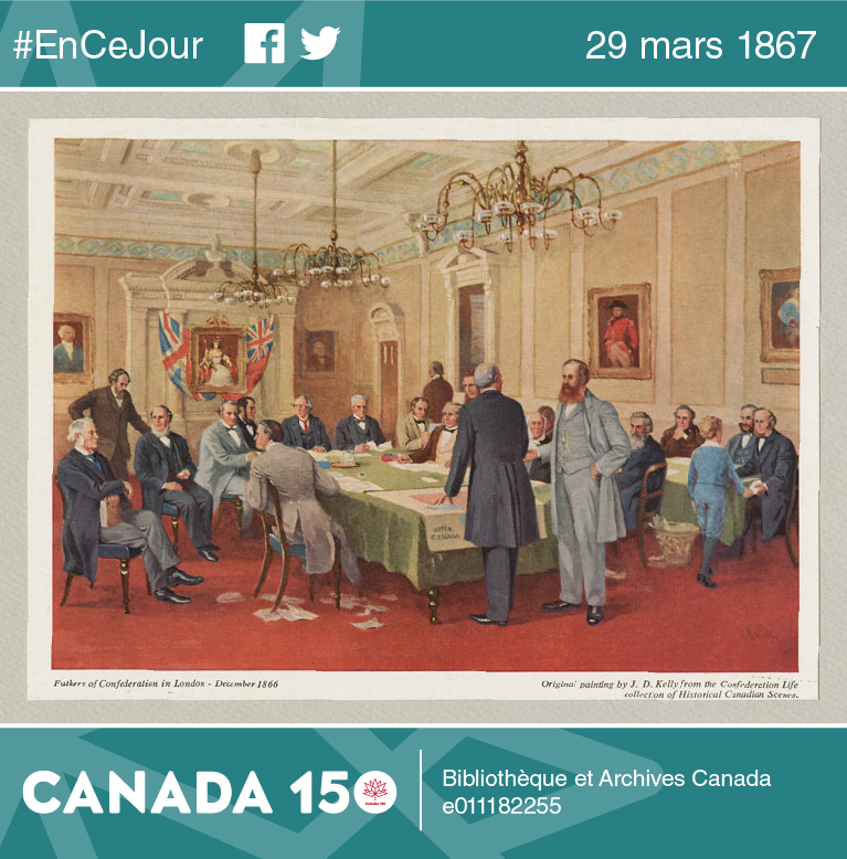 Image illustrant les pères de la Confédération canadienne lors de la conférence de Londres (de décembre 1866 à 1867) qui mena à l'adoption, par le parlement de Londres, de l'Acte de l'Amérique du Nord britannique.