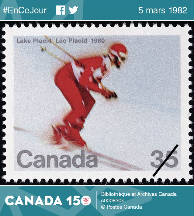Timbre représentant la descente en ski alpin aux Jeux olympiques de Lake Placid, 1980.