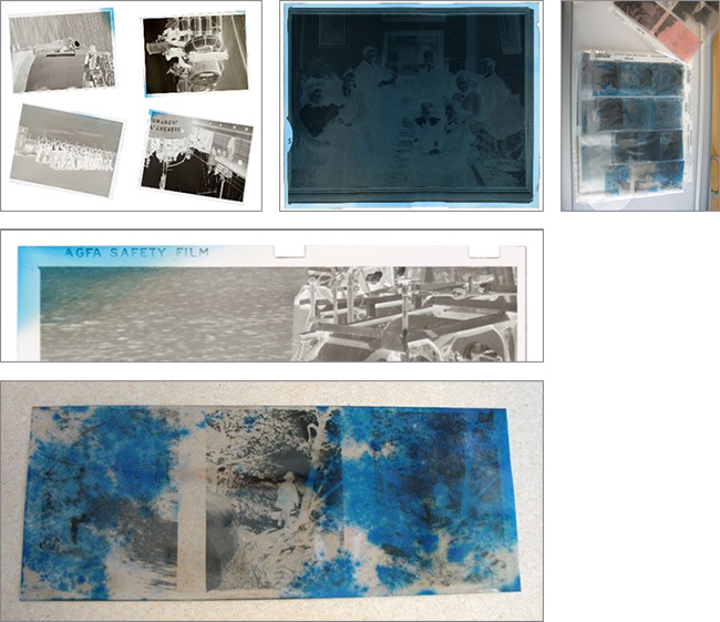 several negatives with with blue and pink coloration on the edges