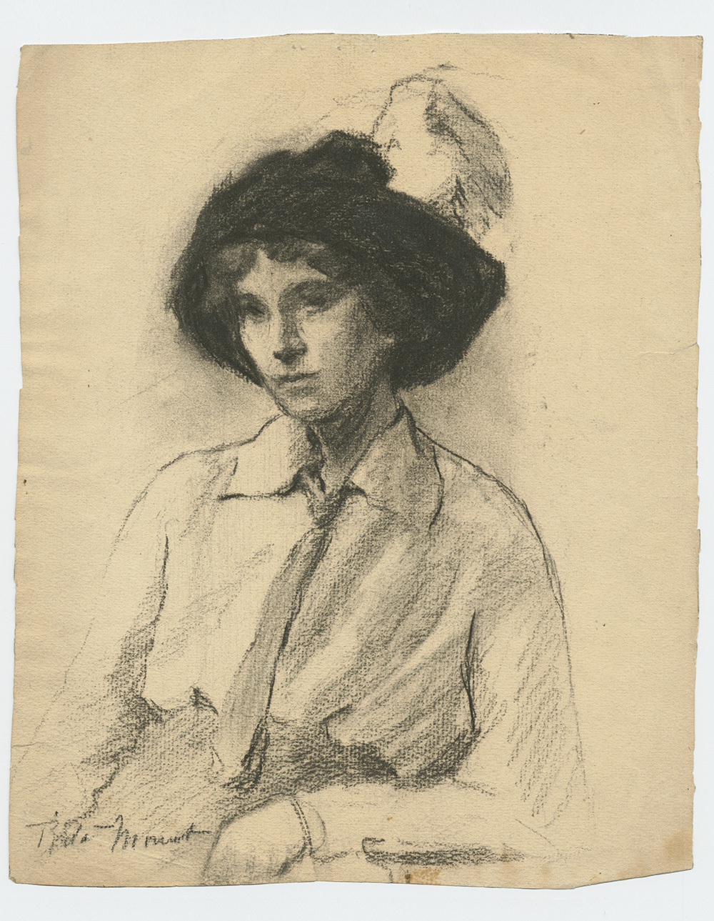 Black and white charcoal sketch portrait of a lady wearing a feathered hat, shirt and tie