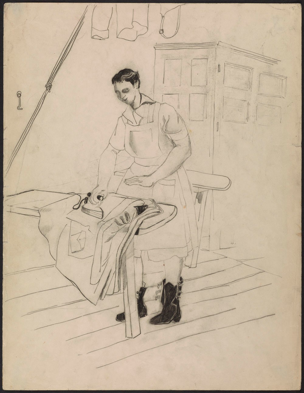 Black and white drawing of a lady dressed in apron and army boots ironing a military coat