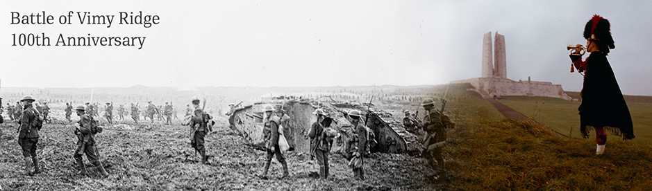 Montage showing black and white landscape with soldiers and tank on the left, and color landscape with monument and bugle player on the right