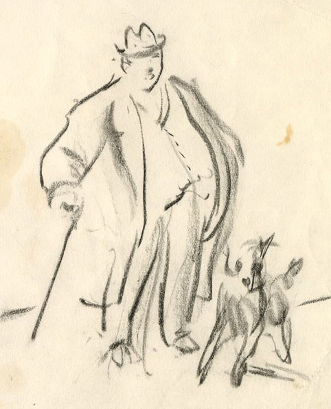 Rough sketched drawing of a man with hat, coat and cane standing beside a walking dog on the right
