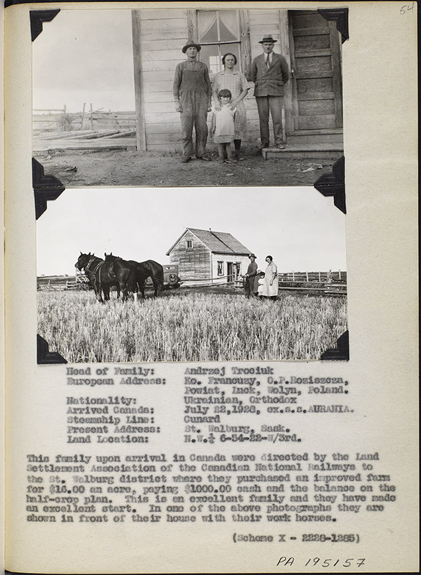 Two Black and white photos showing a couple, a man and a young girl in front of a house and a couple with 2 horses working in field.