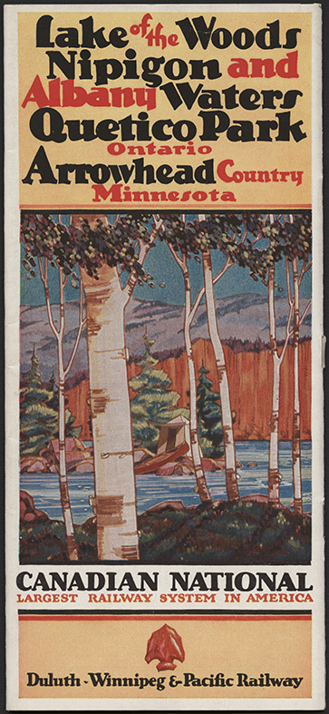 Front page of color brochure showing a drawing of birches, a river, evergreens on an island, cliff and a mountain panorama.