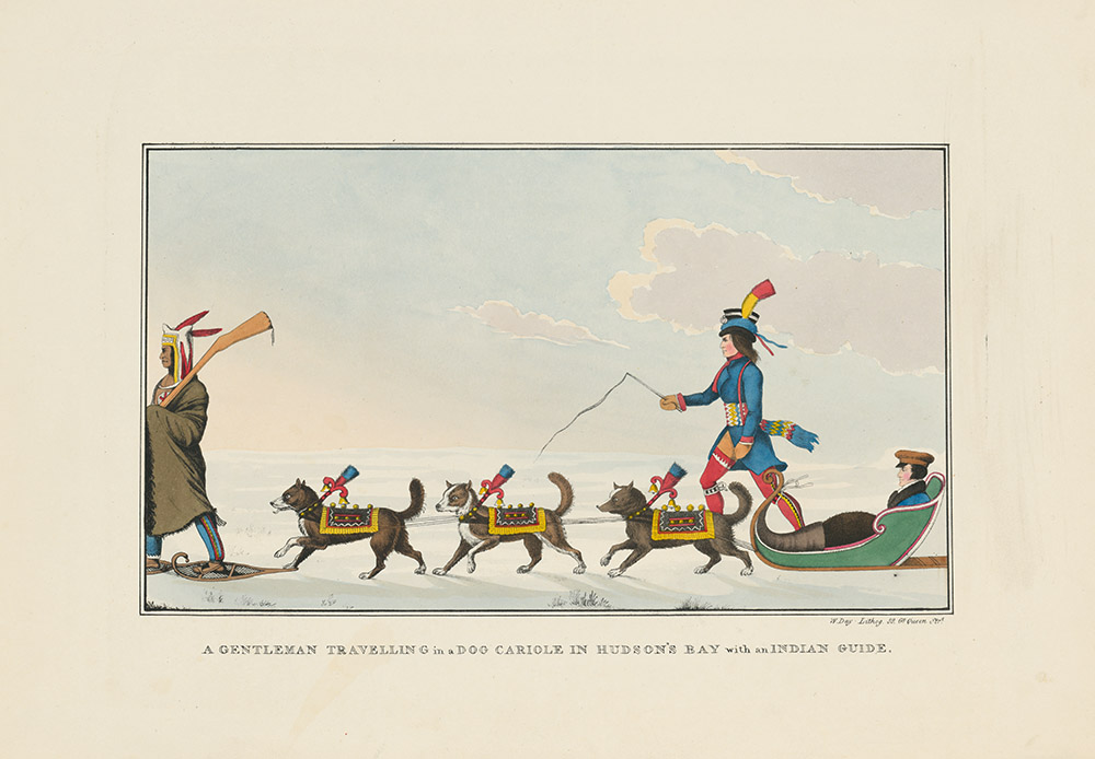 Illustration couleur d'une scène hivernale montrant un guide autochtone suivi d'un passager dans un traîneau à chiens dirigé par un meneur en habit bleu