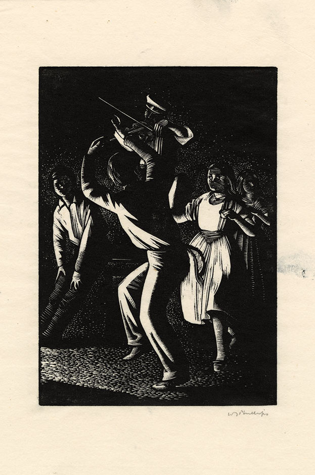 Impression en noir et blanc illustrant une petite foule mixte dansant devant un violoneux en train de jouer