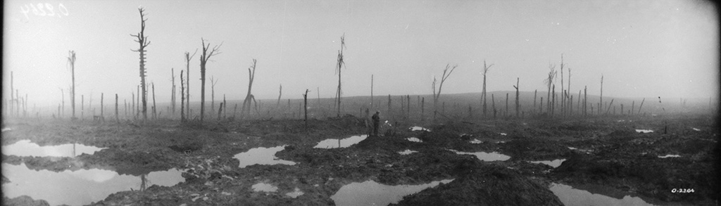 Photo panoramique monochrome montrant un paysage dévasté, détrempé et  parsemé de cratères d'obus et troncs d'arbres dénudés