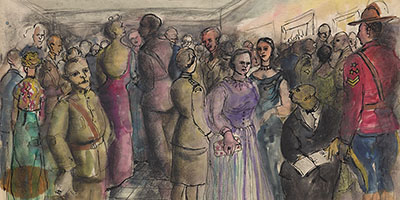Aquarelle couleur combinée avec médias divers montrant hommes en uniformes et habits ainsi que femmes en robes, debout dans une petite salle