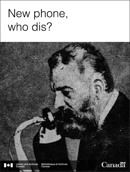 Old modified black and white photo showing a bearded man holding an ancient phone at the bottom and the message ‘New phone, who dis?’ on top