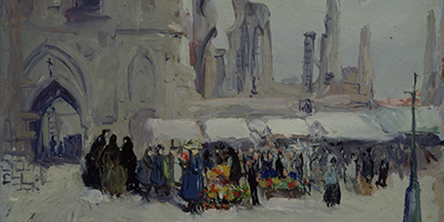 color painting showing a gathering of persons around tents besides a cathedral on the left and ruins in the background