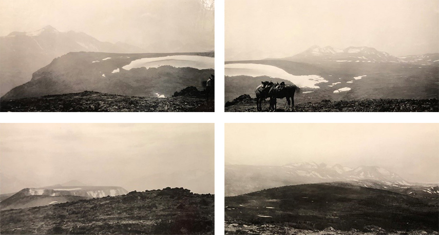 Series of 4 black and white photos (with 2 horses on the second one) showing an overhanging view of mountains with glaciated peaks and slopes gradually blending with the horizon