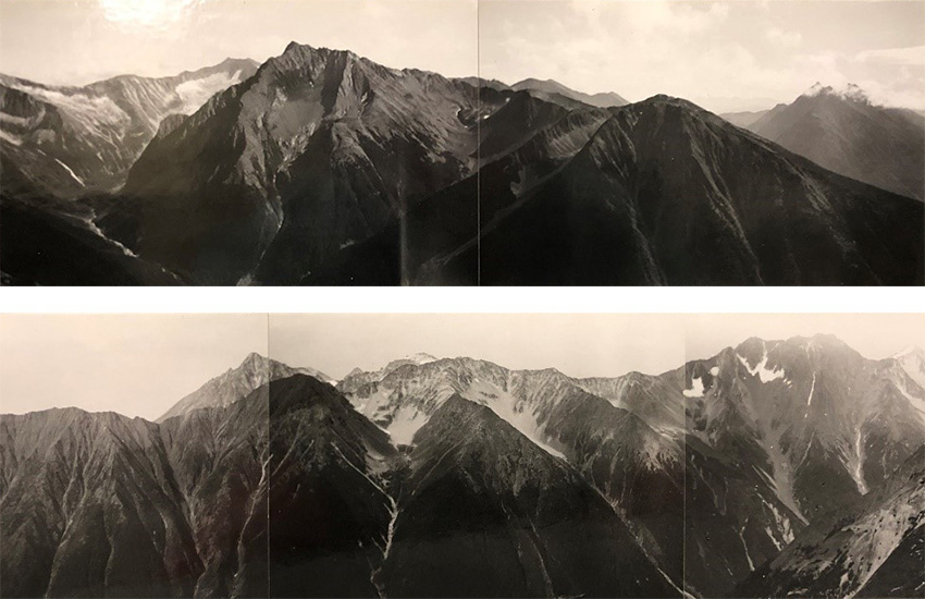Series of 2 panoramic photos showing barren mountains with glacial summits gradually fading towards the horizon