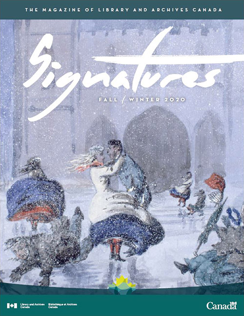 Signatures fall-winter 2020 cover page showing a watercolor painting depicting people skating in front of a gothic building in blowing snow condition
