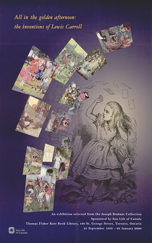 Color poster showing a montage of a vintage monochrome illustration of a young girl (Alice) on the right, small cascading color images on the left, a title on top, and information at the bottom