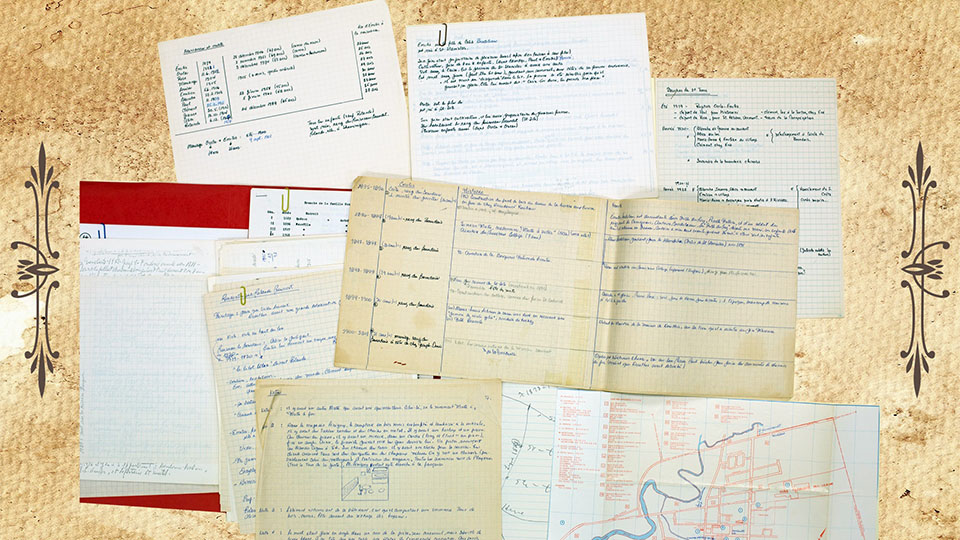 Color photo showing several paper documents with hand written text, storyboards, and a map laying over a fabric-like printed background with arabesques on opposite sides
