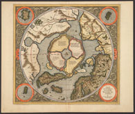 Coloured circular map within a rectangular, decorative border containing 4 circular insets.