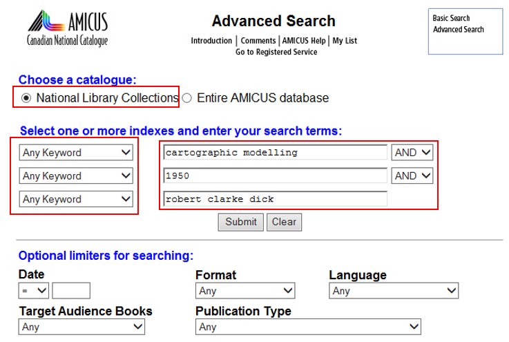 Screen cap of AMICUS Advanced Search interface with specific text entries in 