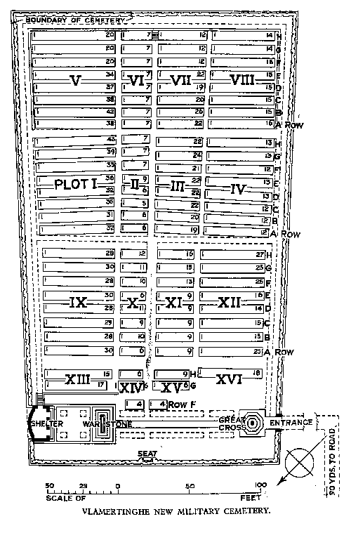 Carte à l'échelle de Vlamertinghe nouveau cimetière militaire avec les références de graves en chiffres romains