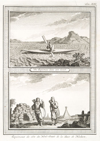 Two engravings one above the other. At top: a man paddling a canoe to the left passed glaciers. Below: two figures in a landscape. Ellis Original Variant 4