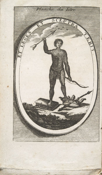 Black and white engraving of a man holding a bow and arrow and with a crown, book and sceptre at his feet. Lahontan variant 3