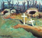 Image en couleur d'un tableau représentant deux postes d'artilleurs devant une forêt calcinée. Deux sépultures, chacune surmontée d'une croix blanche, se trouvent à l'avant-plan. Le tableau porte une signature en bas à gauche : Mary Riter Hamilton 1919.