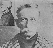 Photo signalétique noir et blanc de Bill Miner. Dans le coin supérieur gauche se trouve une image plus petite du profil de Miner.