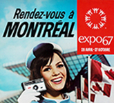 Affiche d’Expo 67 montrant une hôtesse souriante qui tient un appareil-photo près de son visage. Elle est debout devant le pavillon du Canada. L’inscription « Rendez-vous à Montréal » figure au haut de l’affiche.