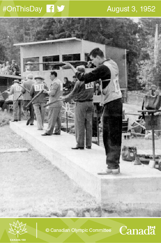Photo of George Genereux competing in a shooting event, on his way to winning a gold medal at the Helsinki Olympic Games in 1952.