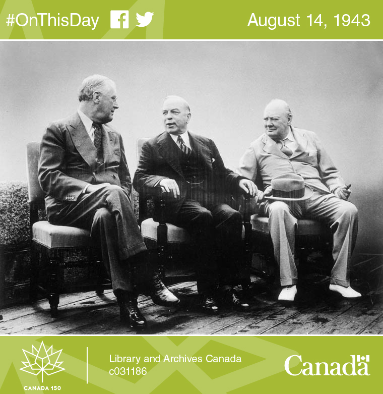 Roosevelt, Mackenzie King, and Churchill, at the Quebec Conference in August 1943, c031186