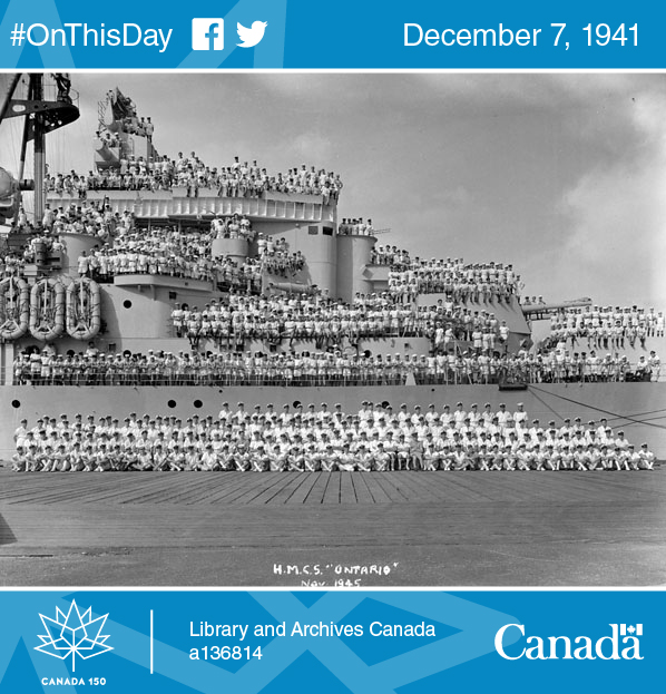 Photo of the Royal Canadian Navy’s HMCS Ontario at the U.S. naval base at Pearl Harbor, Hawaii, November 21, 1945