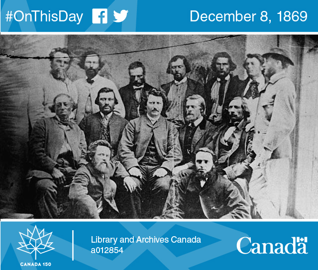 Photo of Louis Riel, leader of the provisional government of the Red River Métis, with his councillors, 1870