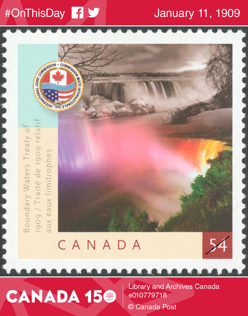 Boundary Waters Treaty of 1909: 54-cent stamp issued on June 12, 2009, Canada Post Corporation.
