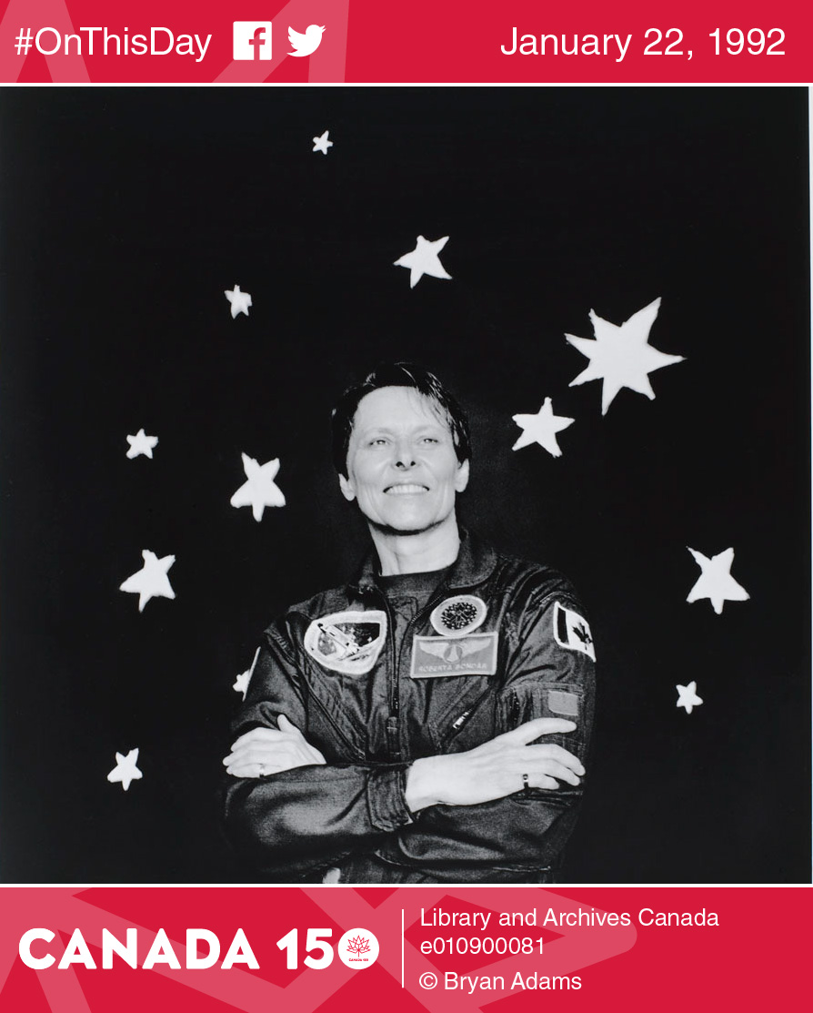 Photo of Roberta Bondar with stars in the background, 1999.