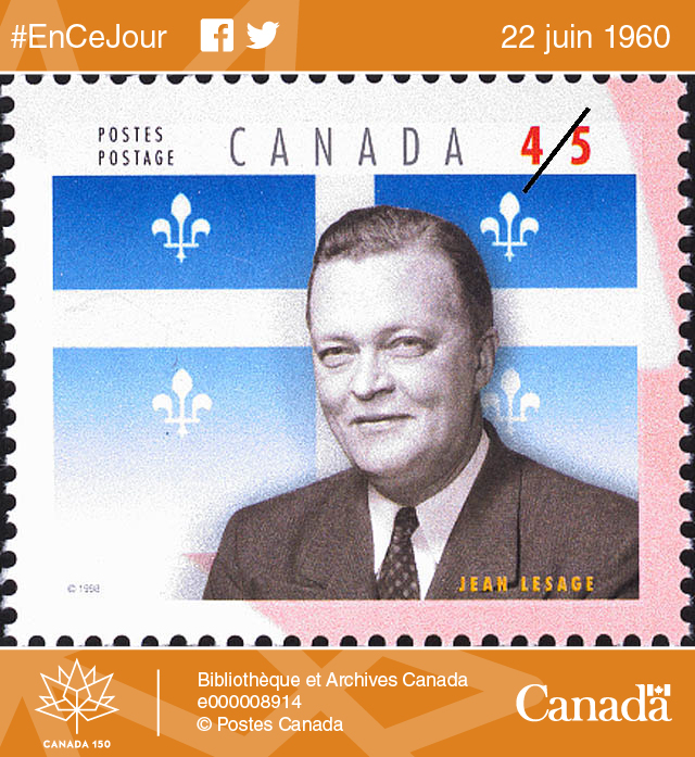 Timbre à l'effigie de feu Jean Lesage, ancien premier ministre du Québec, émis par Postes Canada en 1998.