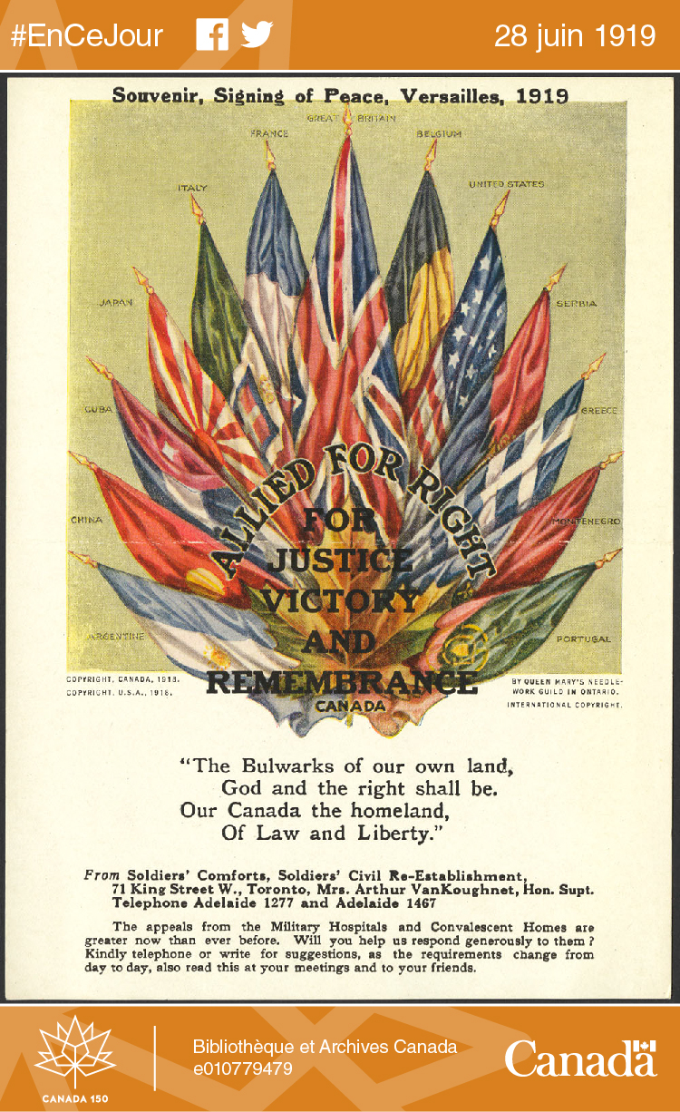 Affiche : Souvenir, signature du traité de paix, Versailles, 1919. Alliés pour le bien, la justice, la victoire et le souvenir.