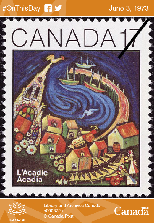 Stamp of oil-on-canvas painting entitled Paysage acadien (Acadian Landscape) by artist Nérée De Grâce, 1981