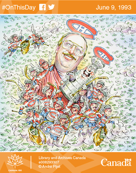 Caricature of coach Jacques Demers, who led the Montreal Canadiens to a Stanley Cup victory in the 1992-1993 season.
