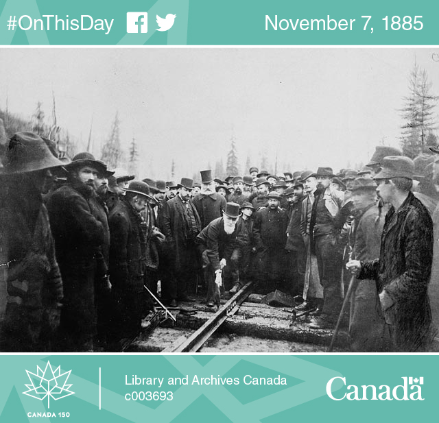 Photo of the Hon. Donald A. Smith driving in the last spike to complete the Canadian Pacific Railway, November 7, 1885