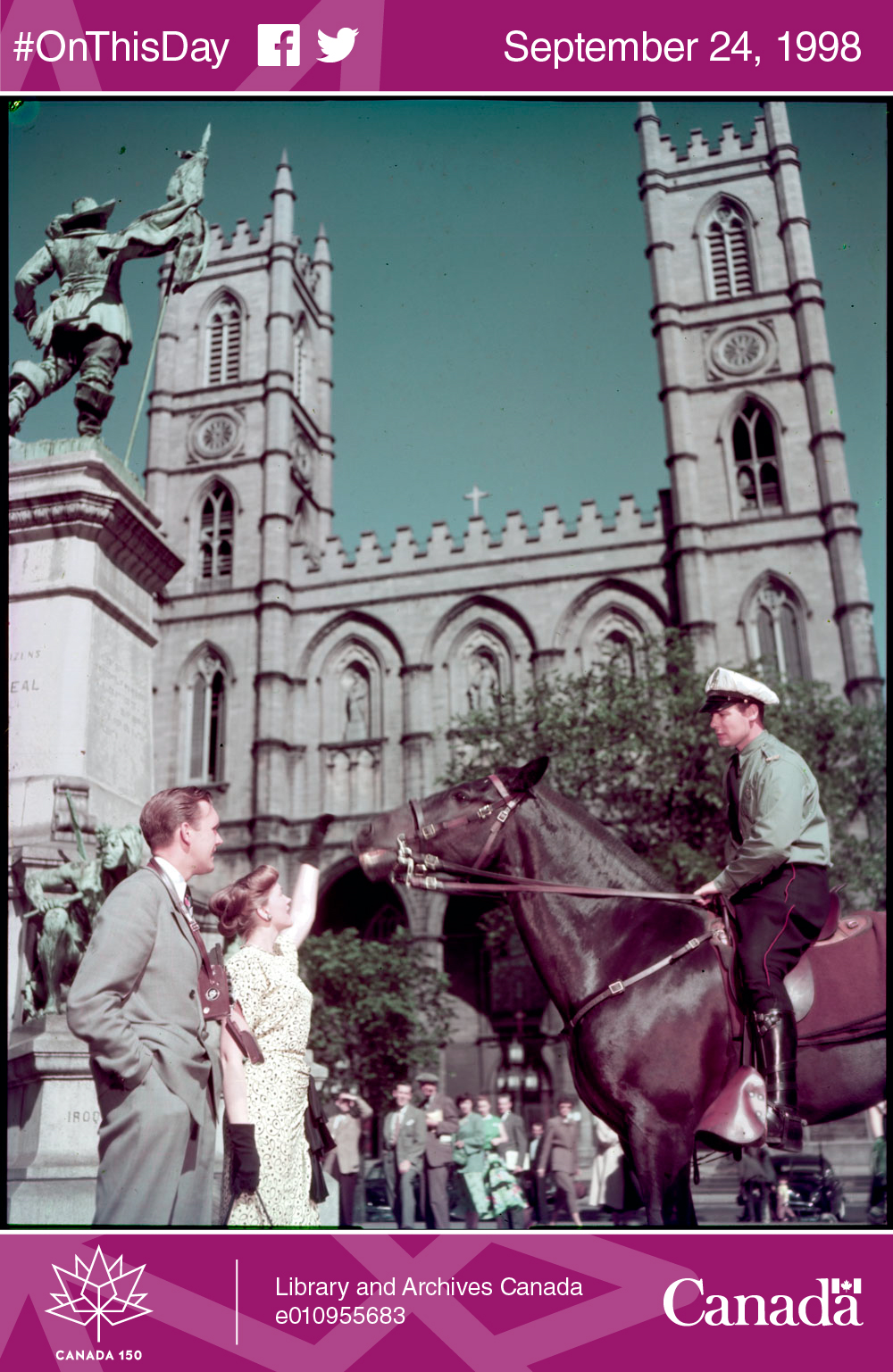 Photo of police officer on horseback with tourists at Place d'Armes in Montréal, with the Maisonneuve monument and Notre-Dame Basilica in the background, June 1950