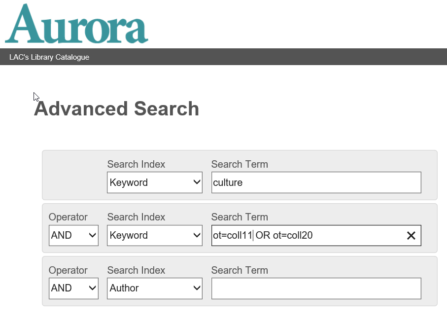 Advanced Search page showing a search box with multiple keyword search fields. The second keyword search box contains the text ot=coll11 OR ot=coll20