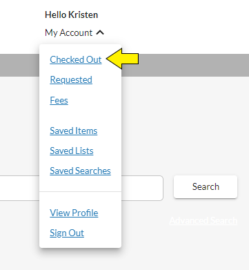 Colour screenshot with Name button highlighted and drop-down menu open below with arrow pointing at My Account option.